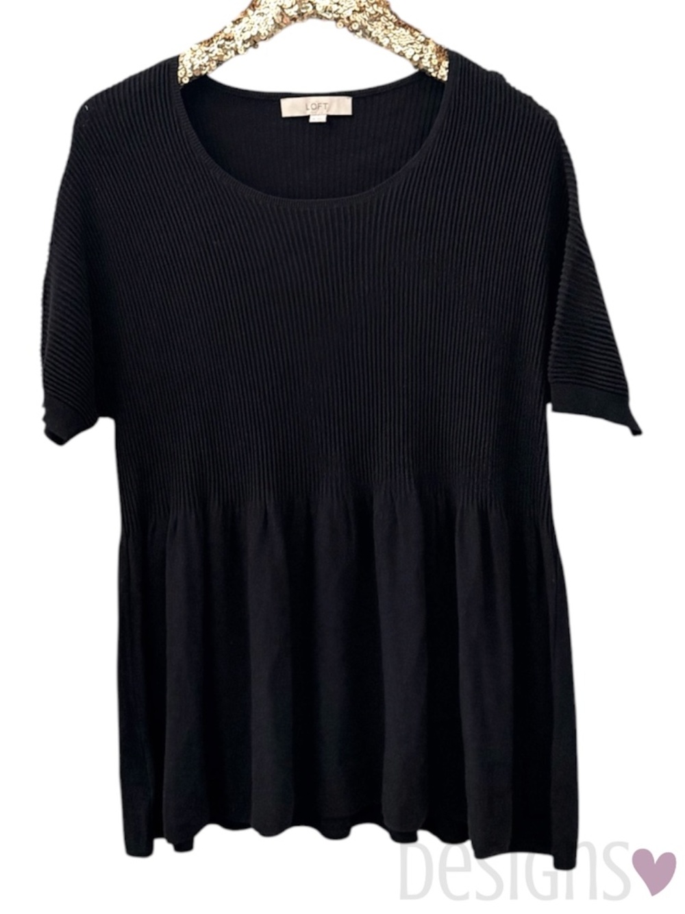 LOFT Ribbed Knit Peplum Short Sleeve Sweater Black Size XL